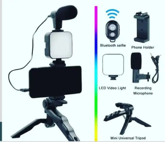 AY-49 Vlogging Kit | Portable Video Recording Setup with LED Light, Shotgun Mic & Flexible Tripod without Remote