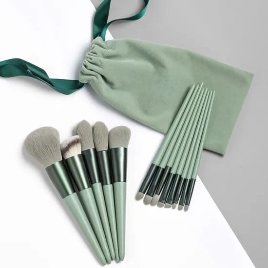 13 Piece Makeup Brush Set With Matching Storage Pouch Professional Soft Bristles For Blending Contouring And Daily Use