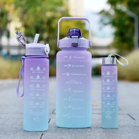 3 Piece Motivational Water Bottle Set BPA Free Plastic Gradient Colors For Students Fitness And Daily Use