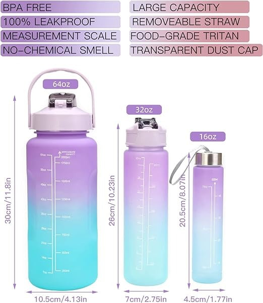 3 Piece Motivational Water Bottle Set BPA Free Plastic Gradient Colors For Students Fitness And Daily Use