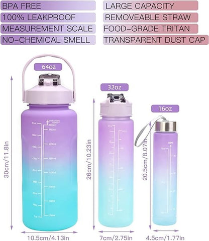 3 Piece Motivational Water Bottle Set BPA Free Plastic Gradient Colors For Students Fitness And Daily Use