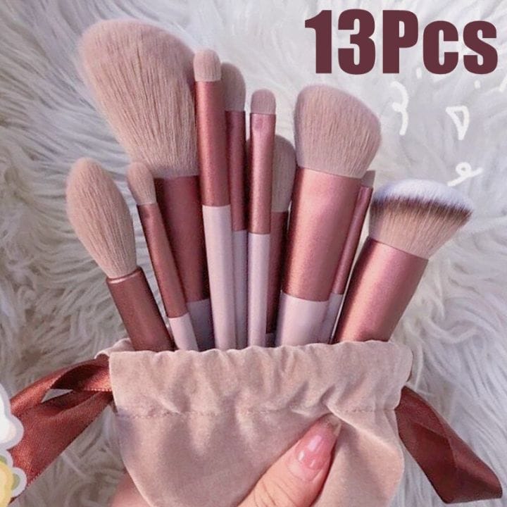 13 Piece Makeup Brush Set With Matching Storage Pouch Professional Soft Bristles For Blending Contouring And Daily Use