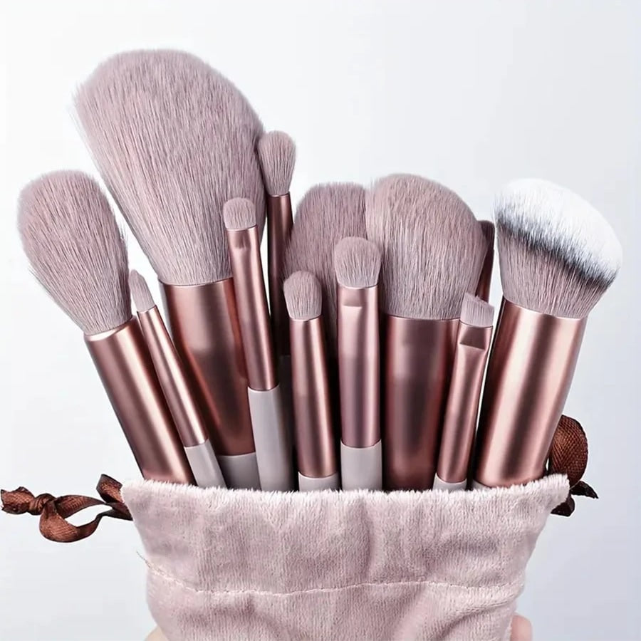13 Piece Makeup Brush Set With Matching Storage Pouch Professional Soft Bristles For Blending Contouring And Daily Use